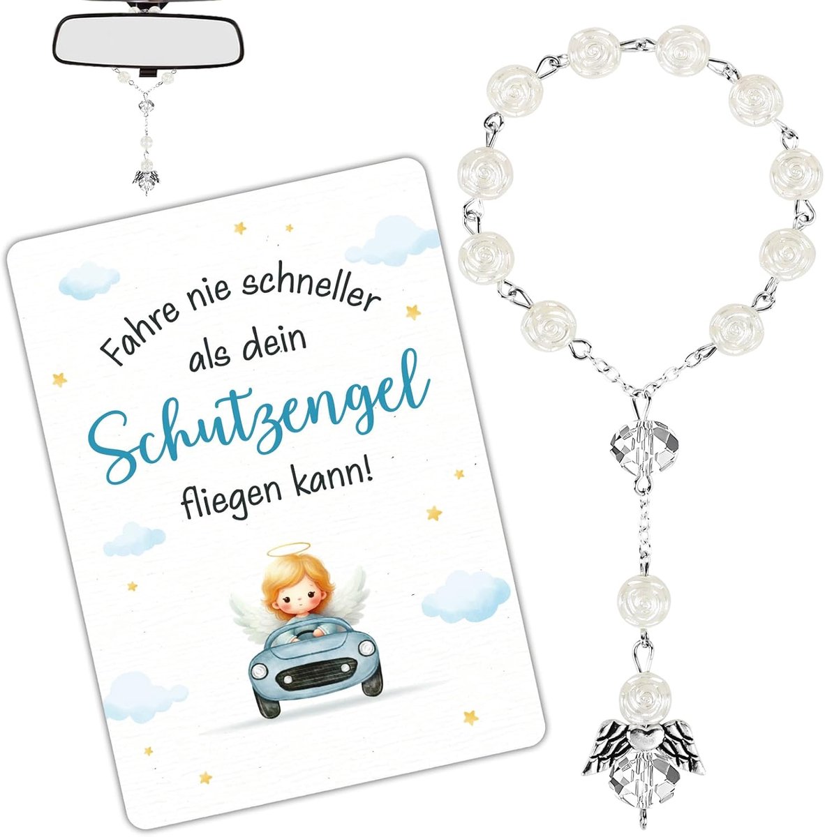Auto Engel Hanger - Beschermengel Auto - Veilige Rit - Met Zegenkaart - 6 cm Lengte - Zilver