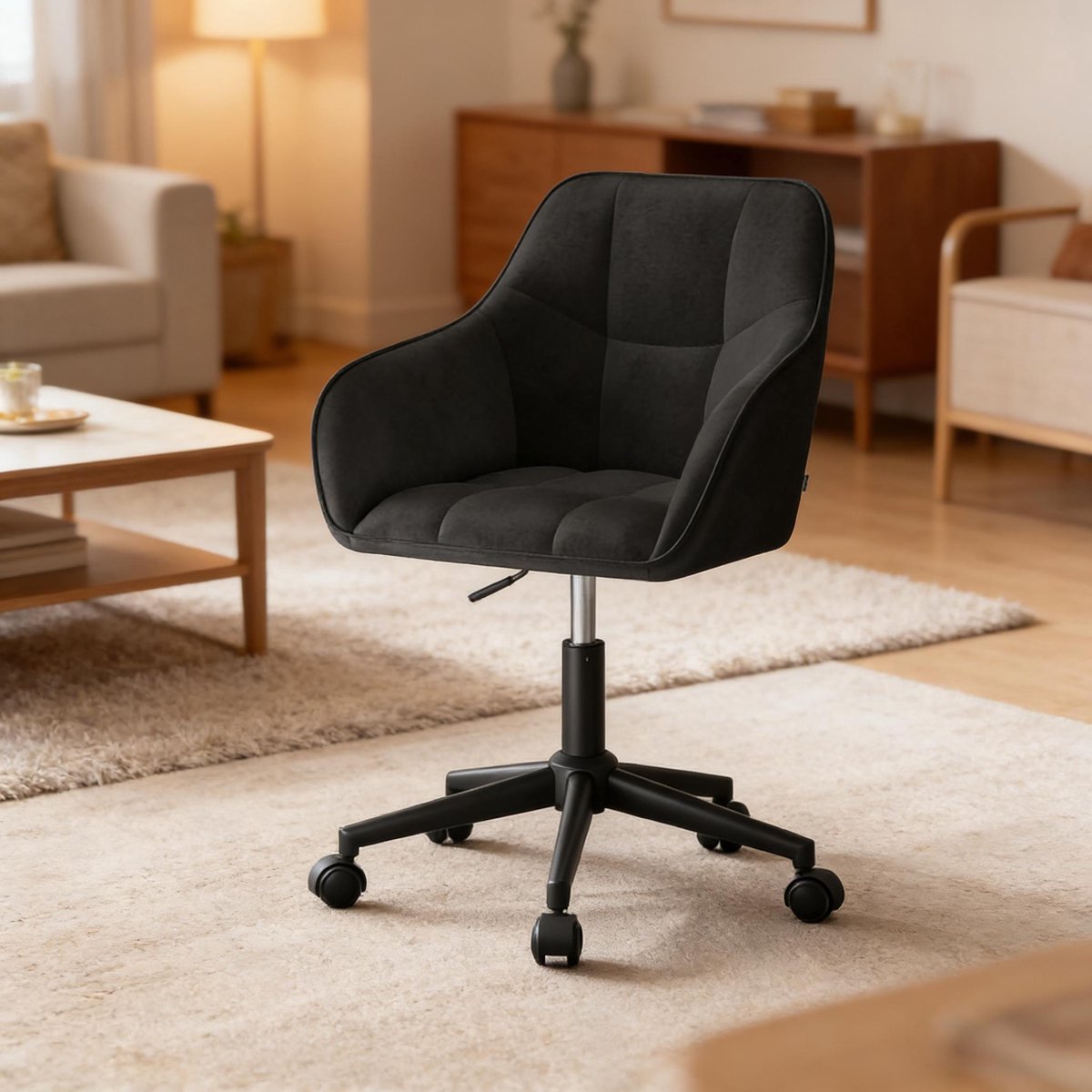 OKWISH Bureaustoel Met Wieltjes - Ergonomische Rug En Armsteun - In Hoogte Verstelbaar En Draaibaar - Voor Thuis En Kantoor - Metaal En Velours - Zwart