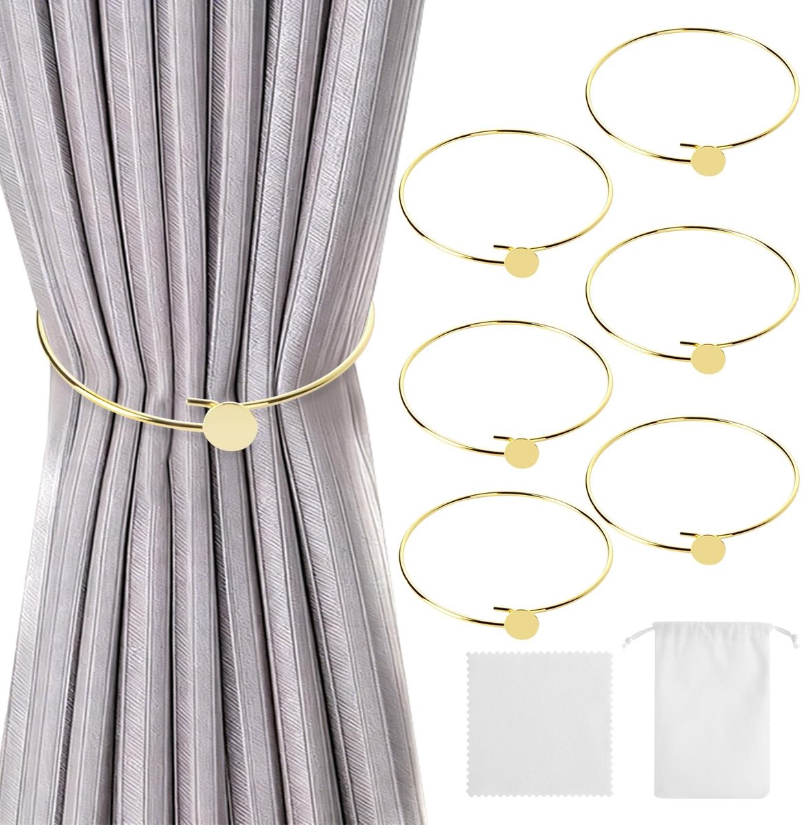 Dailygoods- Gordijnhouders - Set van 6 gouden gordijnhouders - Hoogwaardig metaal - Inclusief reinigingsdoek - Elegante opbergzak - 60 mm binnendiameter - Gordijnclips
