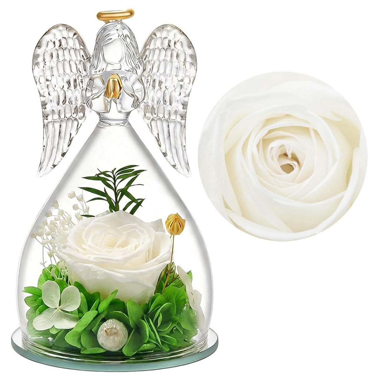 Dailygoods - Eeuwige Roos in Glazen Engelkoepel, Geconserveerde Roos, Cadeau voor Vrouwen, Moederdag, Verjaardag voor Moeder, Oma, Vriendin (Wit)