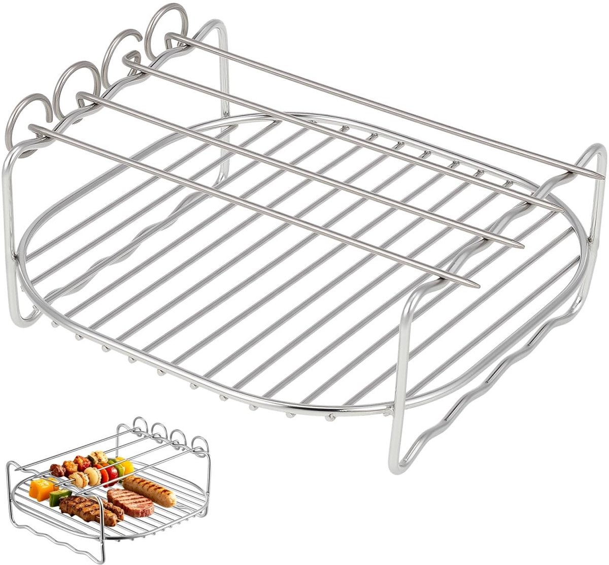 Dailygoods - SHINEOFI Airfryer-accessoires, dubbel roestvrijstalen grillrooster met spiesen, 18 x 7 cm, vierkant, voor heteluchtfriteuse en braadpan