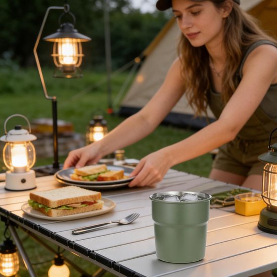 Camping Koffiekopjes - Stapelbare Mok - Reizen en Buiten - Voedselveilig Roestvrij Staal - 8 cm Doorsnee - Leger Groen — afbeelding 4