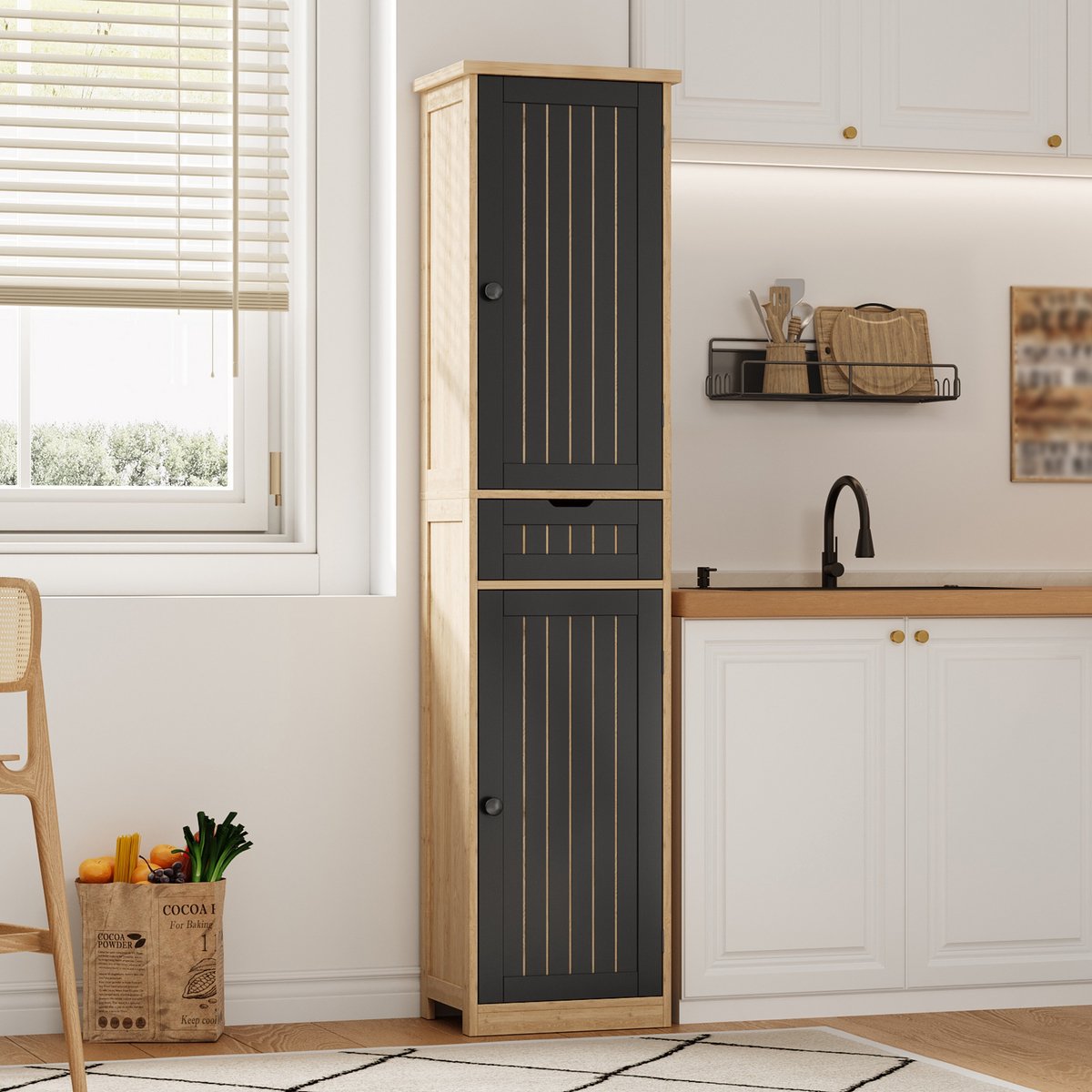 Keukenkast 40x30x170 cm - met 2 deuren en 1 lade en verstelbare plank - geschikt voor keuken - eetkamer of woonkamer - houtkleur
