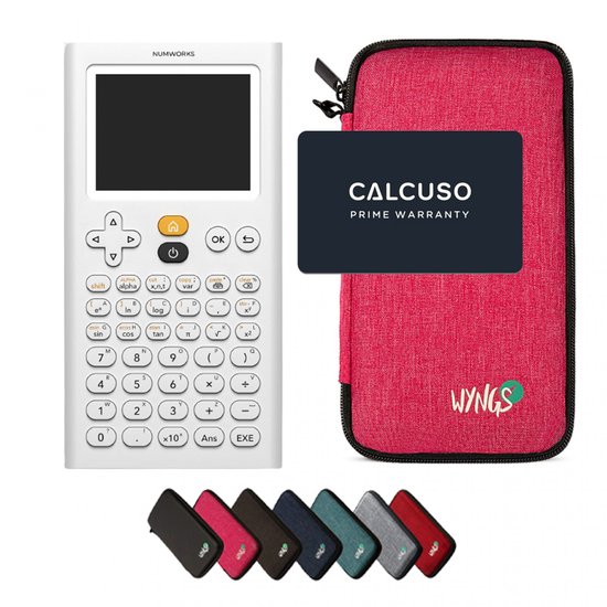 NumWorks rekenmachine, roze hoes, garantiekaart en set van 7 hoezen in verschillende kleuren.