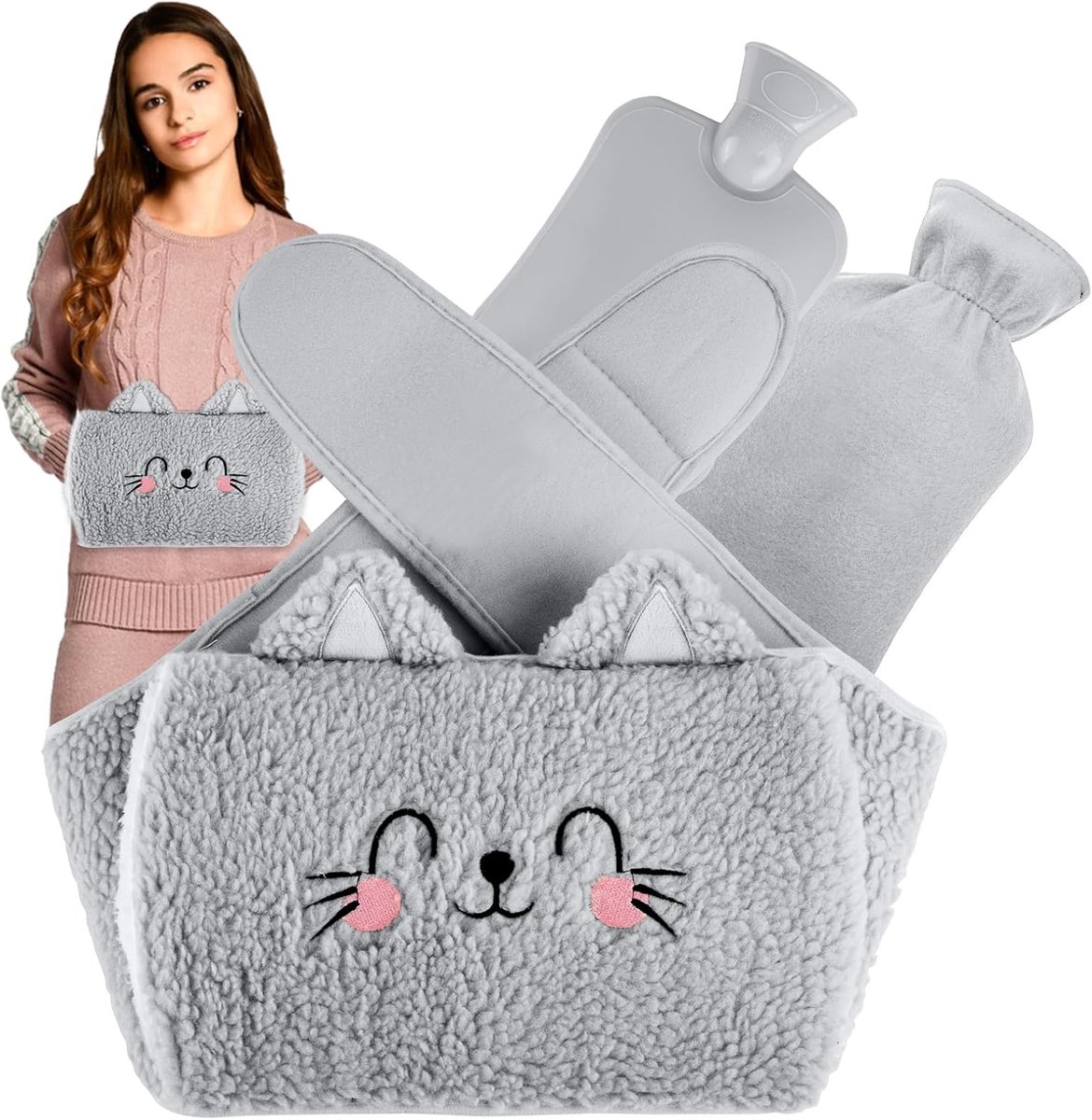 Warmwaterkruik Riem - Verwarmde Band - Pijn Verlichten - Zachte Pluche Hoes - 1 Liter - Grijs