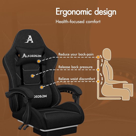 Gamingstoel met massage - Ergonomische racer - Comfortabel werken - Intrekbare voetensteun - 88 x 55 x 128 cm - Zwart — afbeelding 3