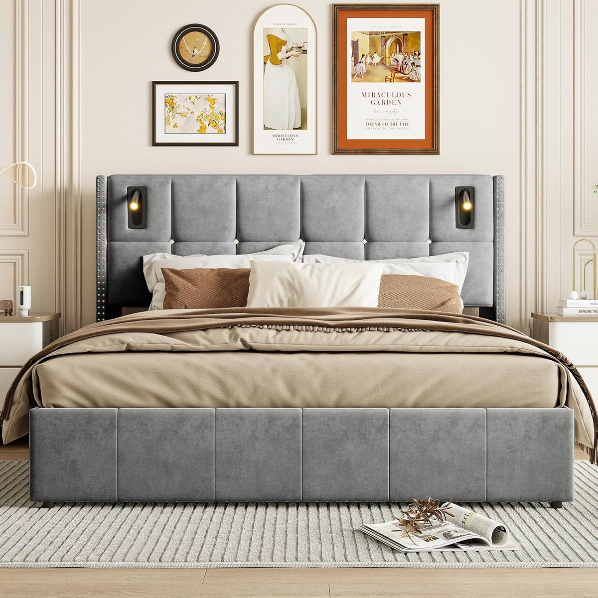 Gestoffeerd Tweepersoonsbed - Bed met Kist - Slaapkamer Organiseren - Geïntegreerde Leesla