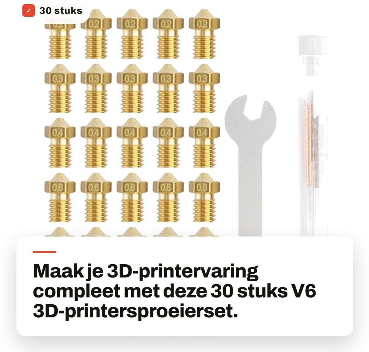 Dailygoods- Spuitmonden 30 Stuks - Messing Spuitmonden - Reinigingsgereedschap - 6 Maten (0,2 mm/0,3 mm/0,4 mm/0,6 mm/0,8 mm/1,0 mm) - Voor 3D-printers - Duurzaam Roestvrij Staal - 3D-printer Mondstukken