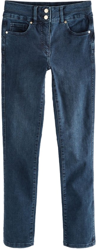 Donkerblauwe slim fit jeans, recht van voren gefotografeerd, met dubbele knoopsluiting.