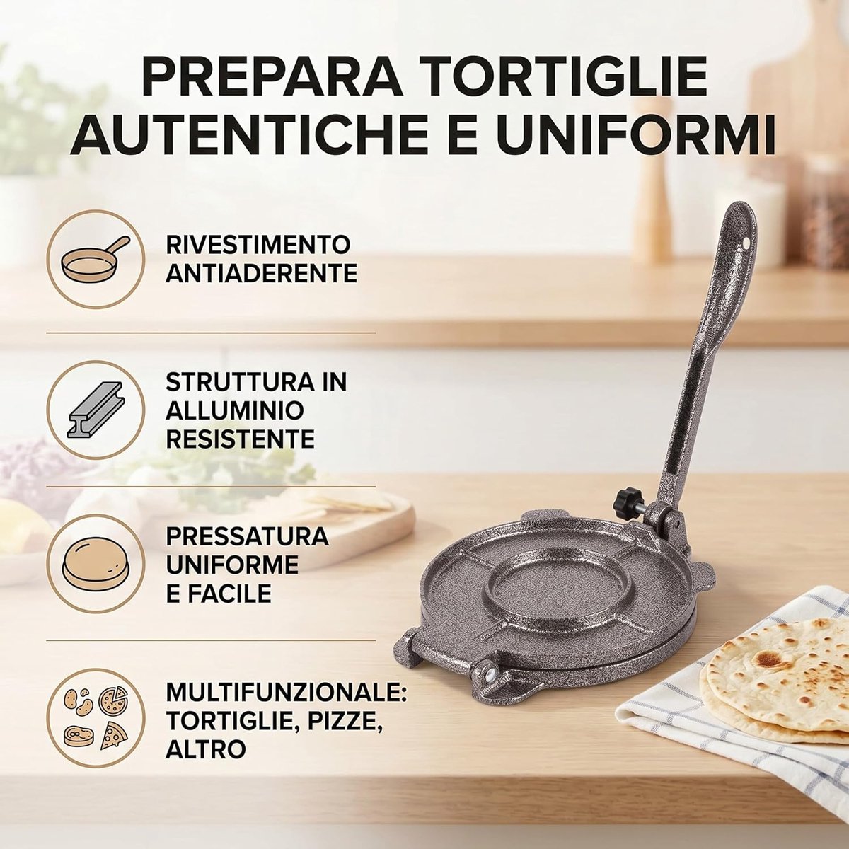 Tortillapers - Deegpers Quesadilla - Maak Tortillas - Antiaanbaklaag - 65 inch - Grijs