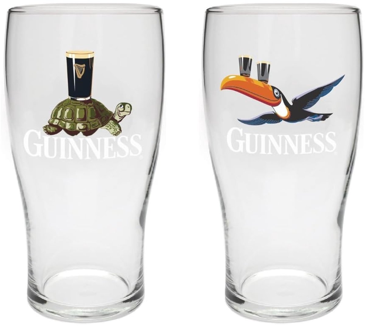 Dailygoods- Pintglazen Set van 2 - Toekan/Schildpad Design - Iconische Guinness Illustraties - Standaard Pintmaat - Perfect voor Thuisbar - Bierglazen