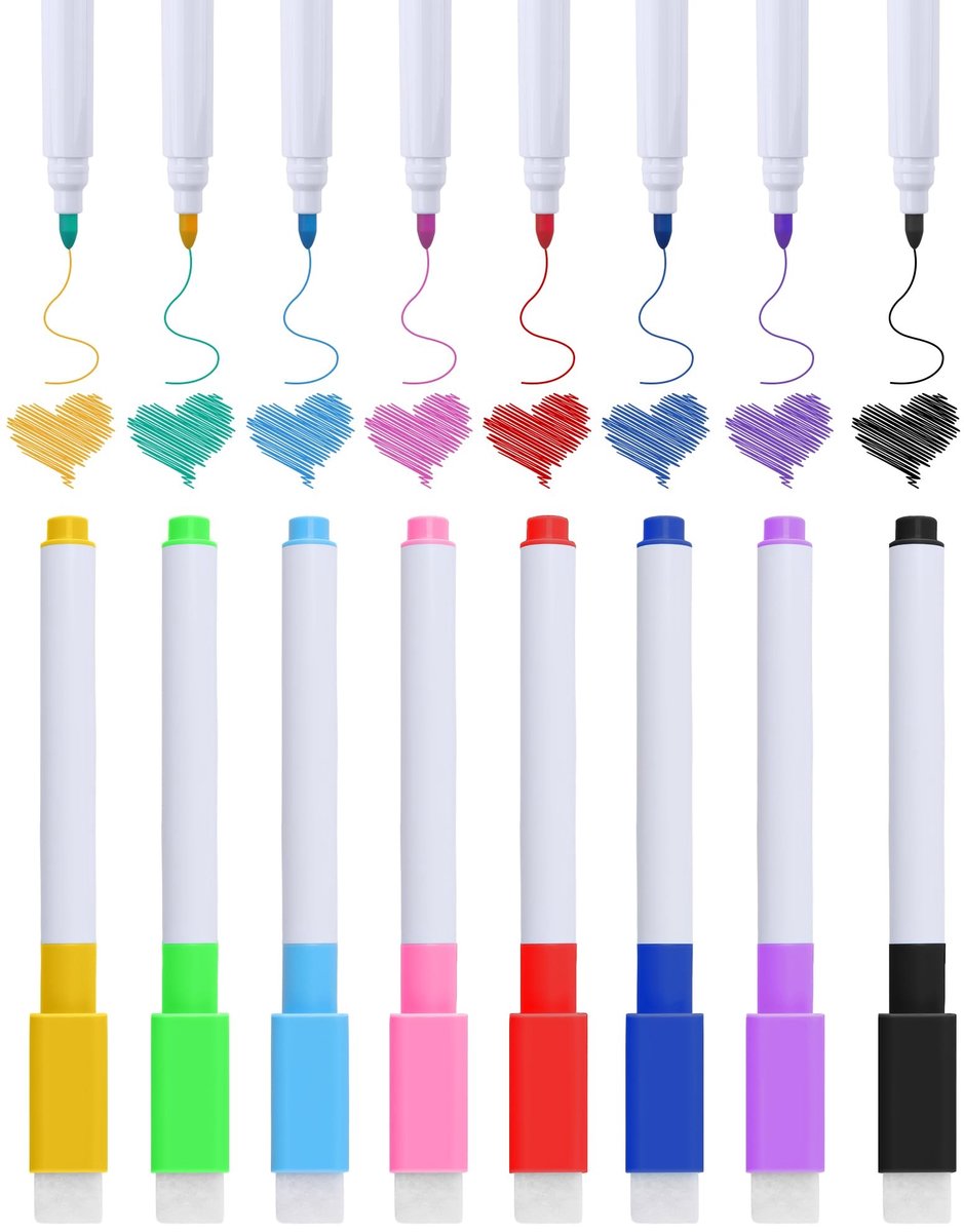 Dailygoods- Whiteboard Stiften Magnetisch 8 Stuks - Fijne Punt (1-2mm) - Wisser op Dop - Droog Uitwisbaar - Compact & Duurzaam - Ideaal voor Kantoor en School - Marker
