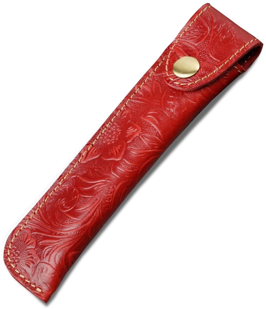 Dailygoods - Zachte pen, pennenhouder, leer, met metalen knop, echt leer, handgemaakt, draagbaar, voor vulpen, balpen, stylus, Helder rood, A