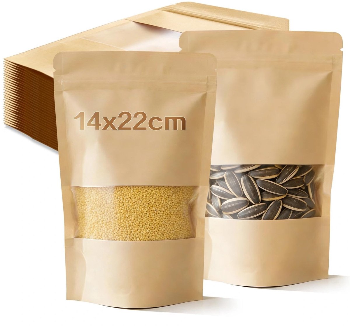 Dailygoods- Kraftpapier Zakken 14x22cm - Papieren Zakken Bruin - Papieren Draagtassen - Zakken met Venster - 60 Stuks - Geschikt voor Noten/Snoepjes