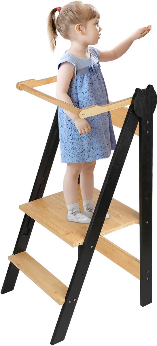 Observatietoren Kinderen - Leertoren Opvouwbaar - Keuken Assistentie - In Hoogte Verstelbaar - 88 cm Maximale Hoogte - Zwart