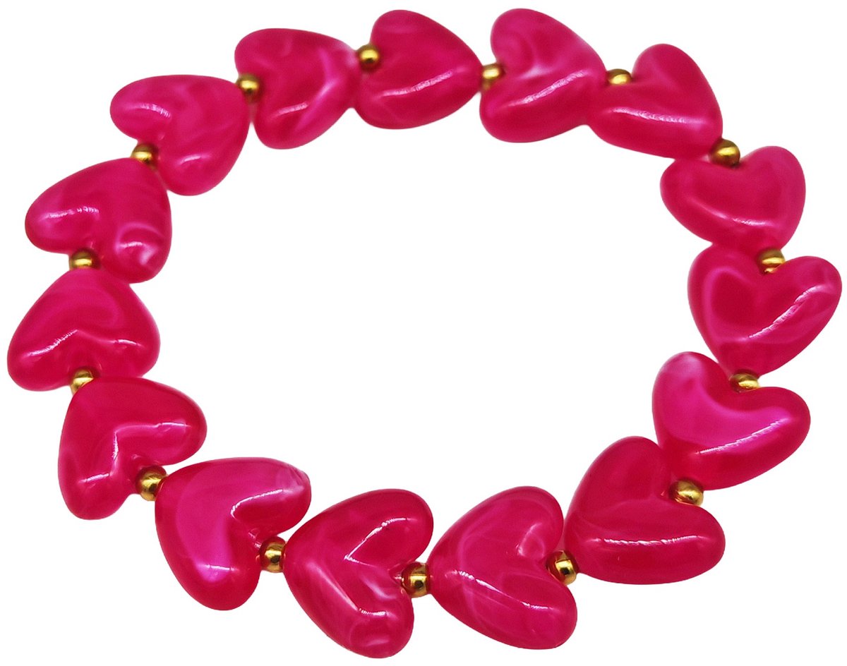 Elastische armband - RVS kralen - hartjes - fuchsia