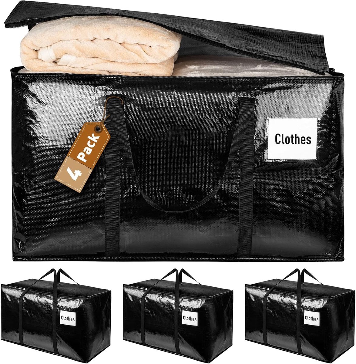 Opbergdozen met deksel - Verhuiszakken - Spullen Opslaan - Extra groot formaat - 4 stuks 110 liter - Zwart