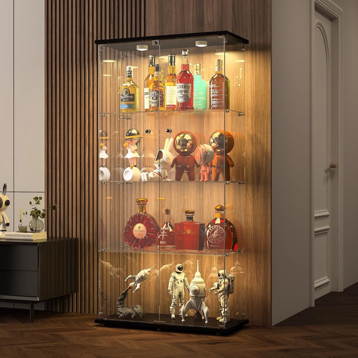 Glazen Vitrinekast - Displaykast Hout - Collecties Tonen - Met Led En Slot - 4 Lagen - Zwart