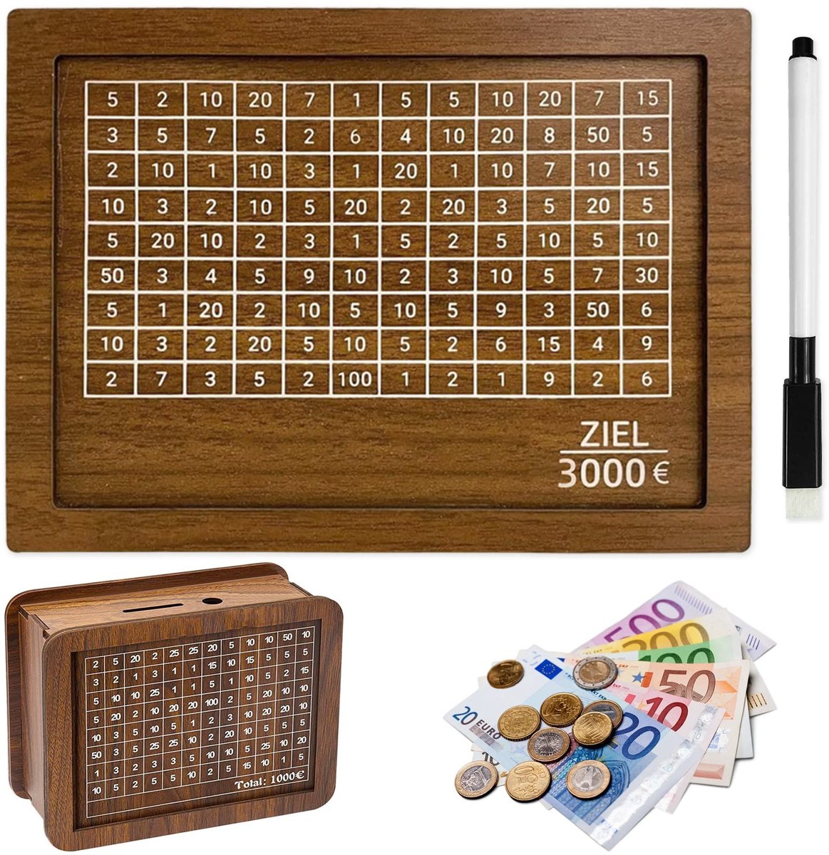 Dailygoods- Spaarpot met teller - Houten spaarpot - Herbruikbare spaarpot - Spaarpot voor kinderen/volwassenen - Afmetingen 17 x 13 x 7 cm - Inclusief wateroplosbare pen - Spaarvarken