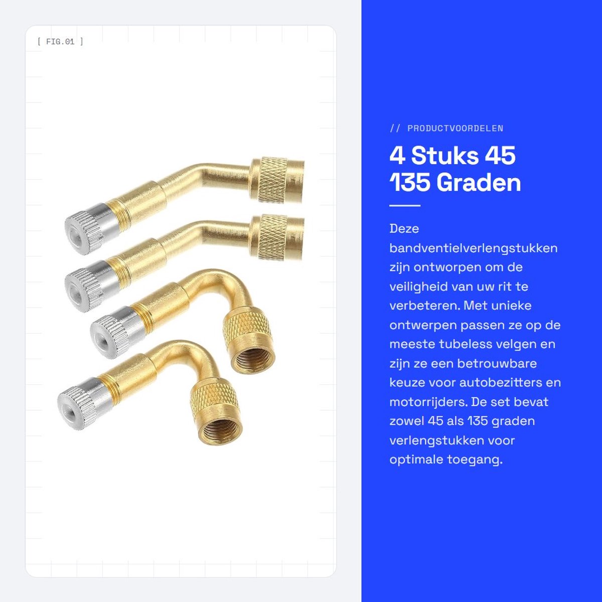 Dailygoods- Bandventielverlengstukken 45/135 Graden - 4 Stuks - Stofdop - Gouden Kleur - Metaal - Universeel Geschikt - Ventiel