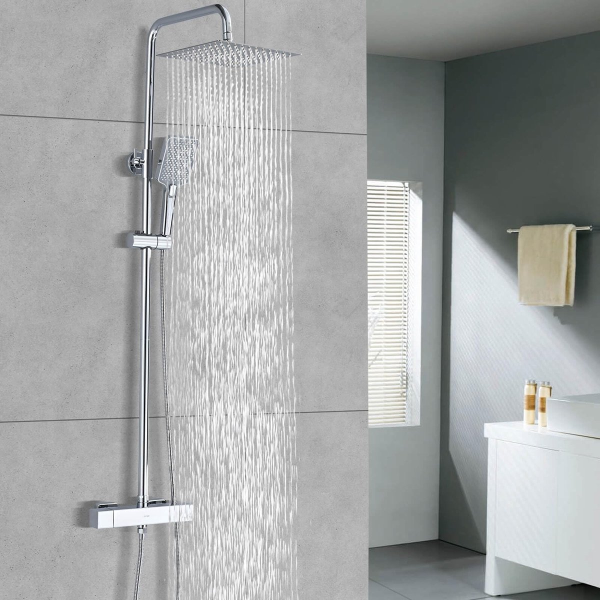Dailygoods- Douchesysteem met Thermostaat - Roestvrijstalen Douchearmatuur - 25 cm Vierkante Overhead Regendouche - 3 Straalsoorten - Siliconen Handdouche - Hoogte Verstelbare Douchestang - Douchekop