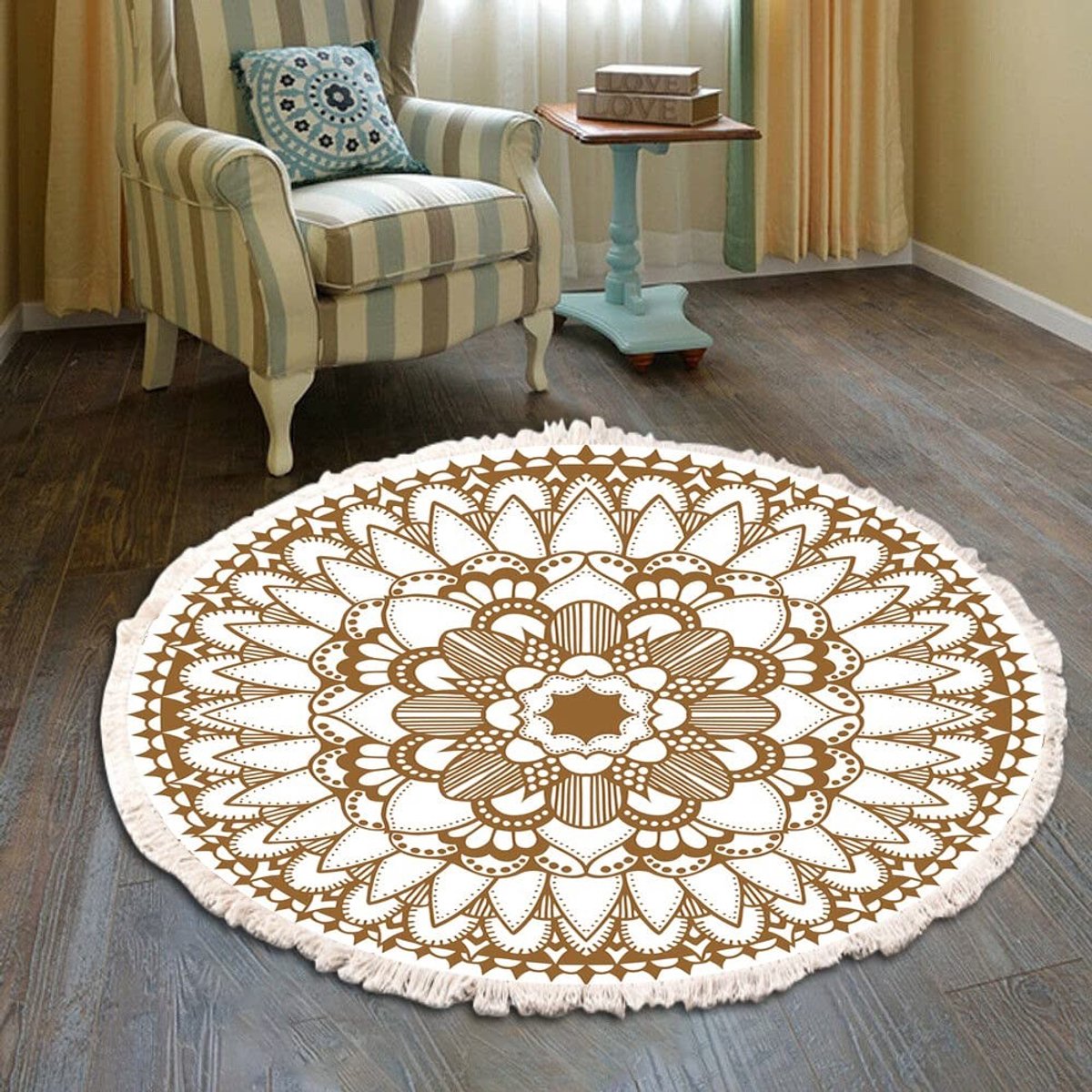 Dailygoods- Tapijt Mandala patroon - Wasbaar - Rond - 80 cm - Katoen/Polyester - Handgeweven met kwasten - Vloerkleed