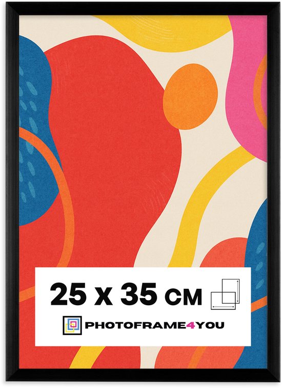 Zwarte lijst met abstracte print in rood, oranje, blauw, geel en roze, formaat 25x35 cm.