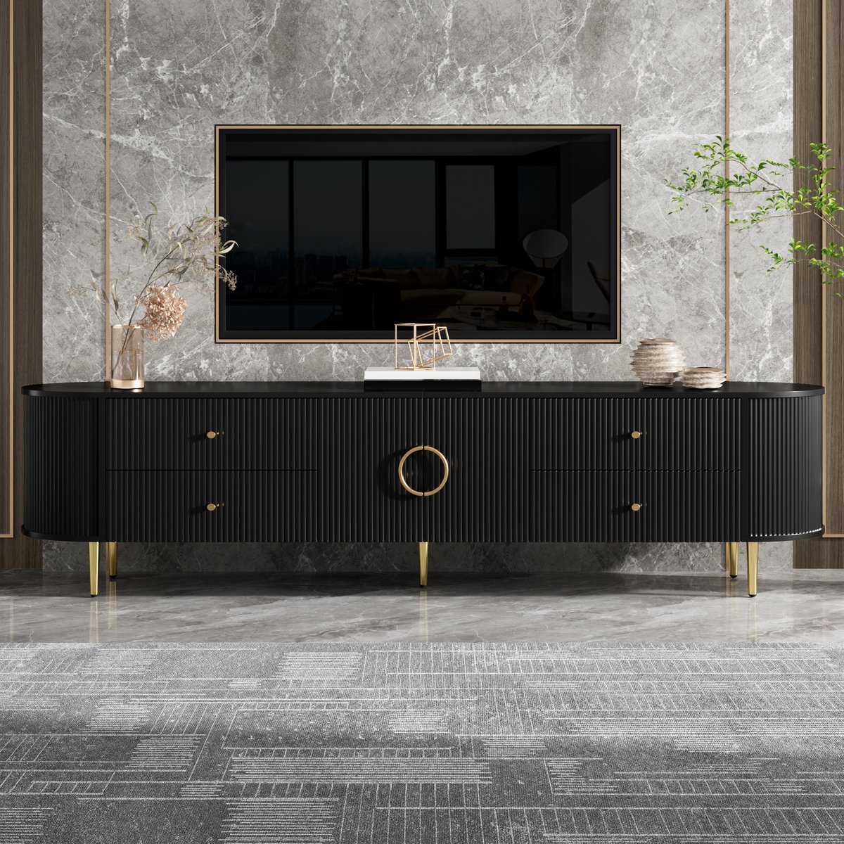 MIVRAY Tv Meubel - Met Golffront En Opbergruimte - Voor Woonkamer En Mediahoek - MDF - Zwart - 180x40x38 Cm