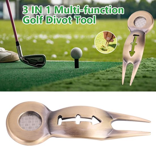 Golf Pitchfork - Reparatie Vork - Baan Onderhoud - 3-in-1 Ontwerp - 9 x 3 cm - Goud van GOLF — afbeelding 3