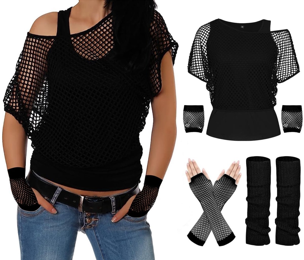 Dailygoods- Jaren 80 Outfit - Mesh Bovenstuk - Tanktop - Beenwarmers - Vingerloze Handschoenen - 8 Stuks - Neon Kleuren - Thema Outfit