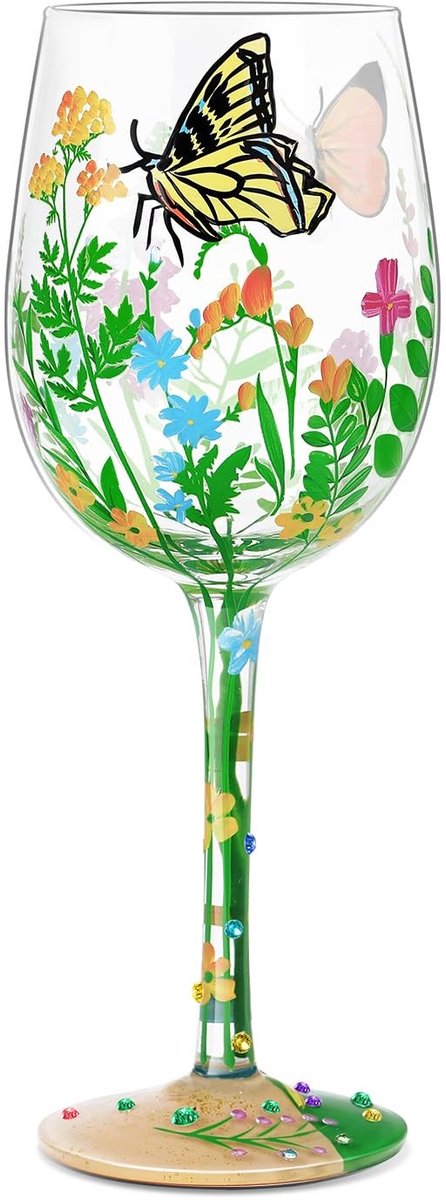 Dailygoods - Handgeschilderd Wijnglas met Bloemen en Vlinders - Ambachtelijk Glas 15oz