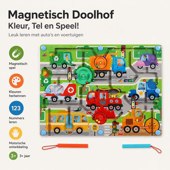 BOTC Magnetisch Doolhof - Houten Montessori Puzzel met Magnetische Pen - Kleuren & Cijfers Leren - Motoriek Speelgoed vanaf 3 Jaar - Auto’s & Verkeer van BOTC — afbeelding 3