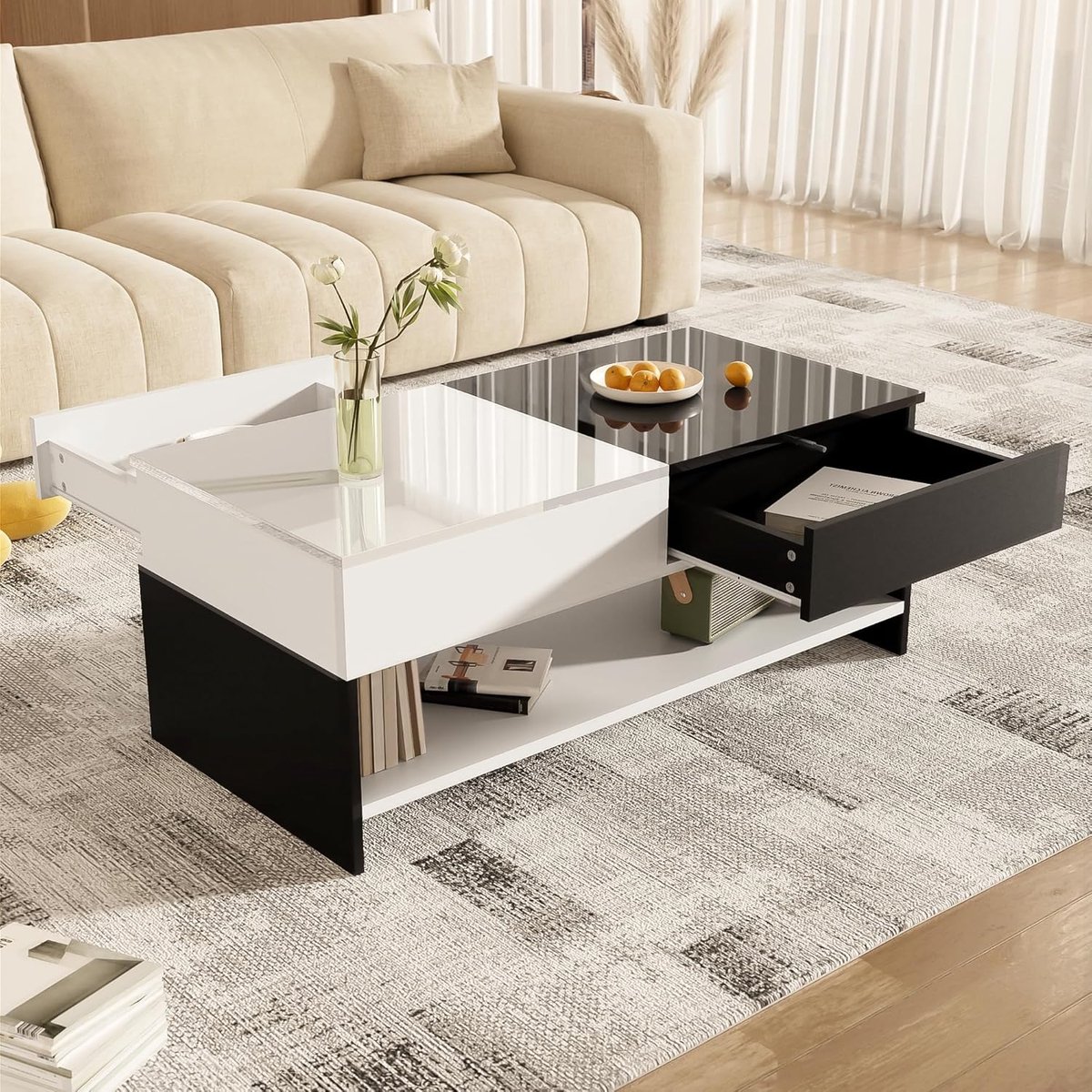 Moderne salontafel - Opbergtafel - Woonkamer Opbergen - Hoogglans tafelblad - 100 cm lang - Zwart wit