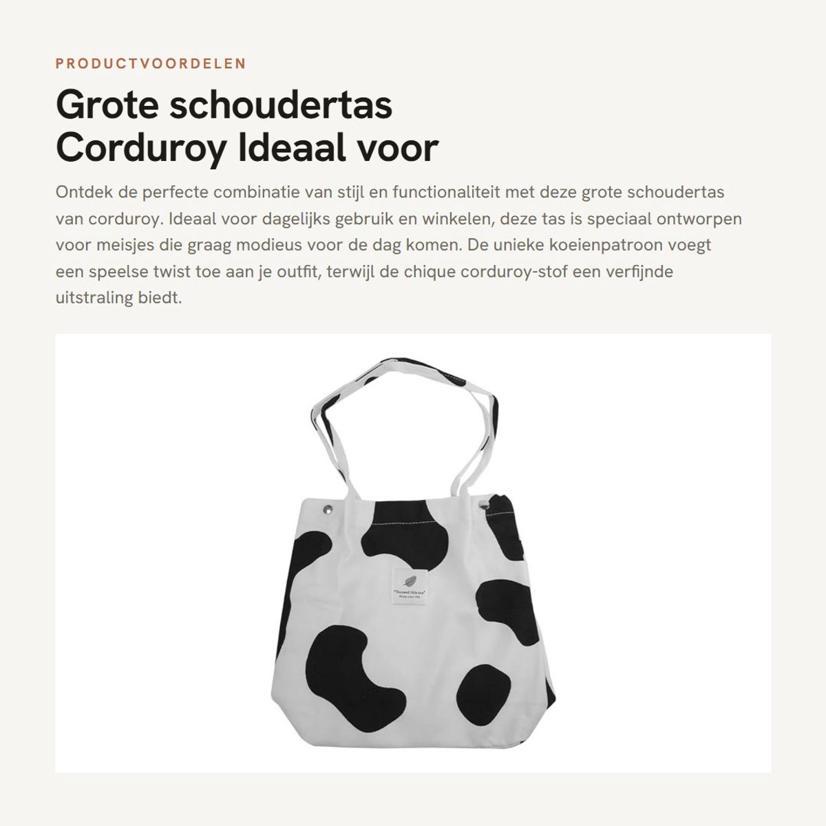 Dailygoods- Schoudertas Grote Capaciteit - Corduroy Tas - Koeienpatroon - Stijlvolle Canvas Tas - Ideaal voor Winkelen - Praktische Keuze - Handtas