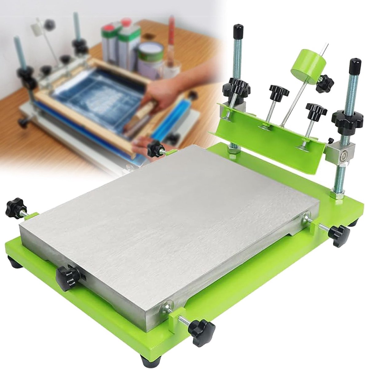 Zeefdrukpers - Druktafel - Vlakke ondergronden printen - Hittebestendige coating - 140 mm hefhoogte - Zilver
