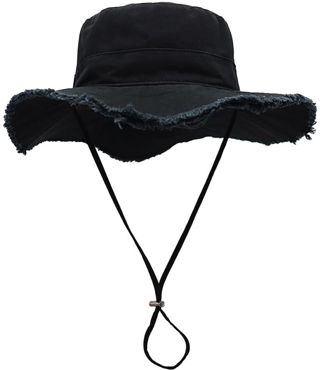 Dailygoods - Zonnehoed voor dames, brede rand, van katoen met kwast, opbergbaar, uv-bescherming, zonnehoed, zonnehoed, strandhoed, vissershoed voor reizen, outdoor, zwart