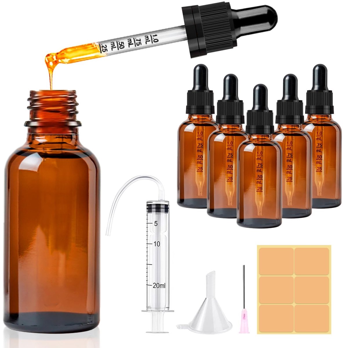 Dailygoods- Pipettefles Set 5x30ml - Amber Druppelflesjes - Herbruikbaar Glas - UV-bescherming - Inclusief Syringe en Stickers - Geen Leidingverlies - Druppelfles