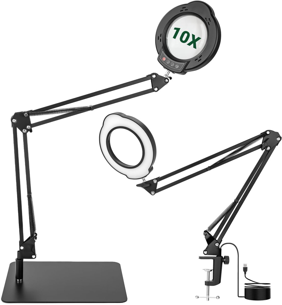 Dailygoods - WISYOK Vergrootglas met licht en standaard, 10 x led-vergrootlamp met grote zwenkarm, 5 kleurmodi, 10 traploos dimbaar, 2-in-1 vergrootlamp met klem en basis, leesloep voor senioren, tafelloep