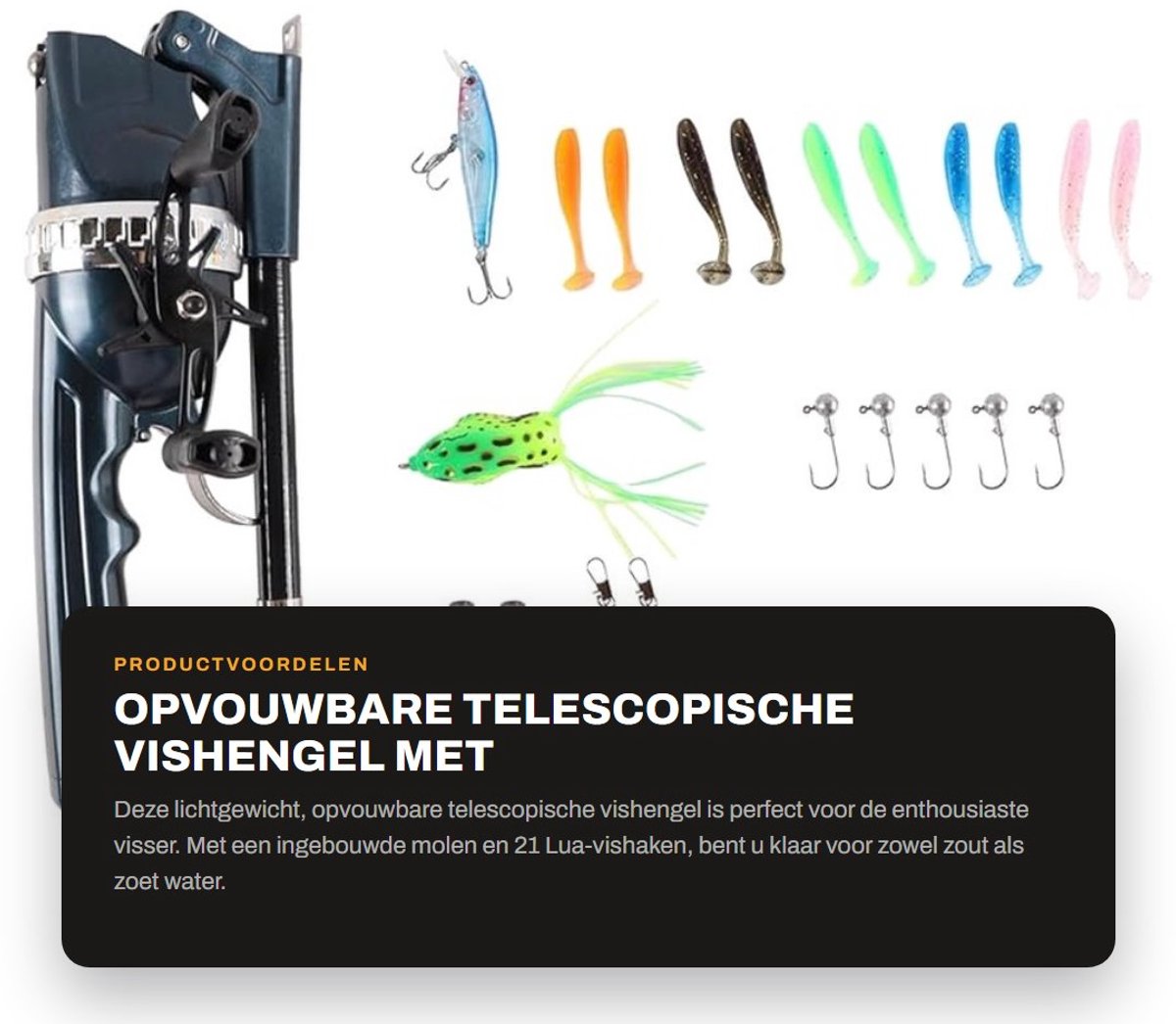 Dailygoods- Vishengel Opvouwbaar - Telescopische Hengel - Lichtgewicht Hengel met Molen - 21 Lua-Vishaken - Geschikt voor Zout en Zoet Water - Ergonomische Handgreep