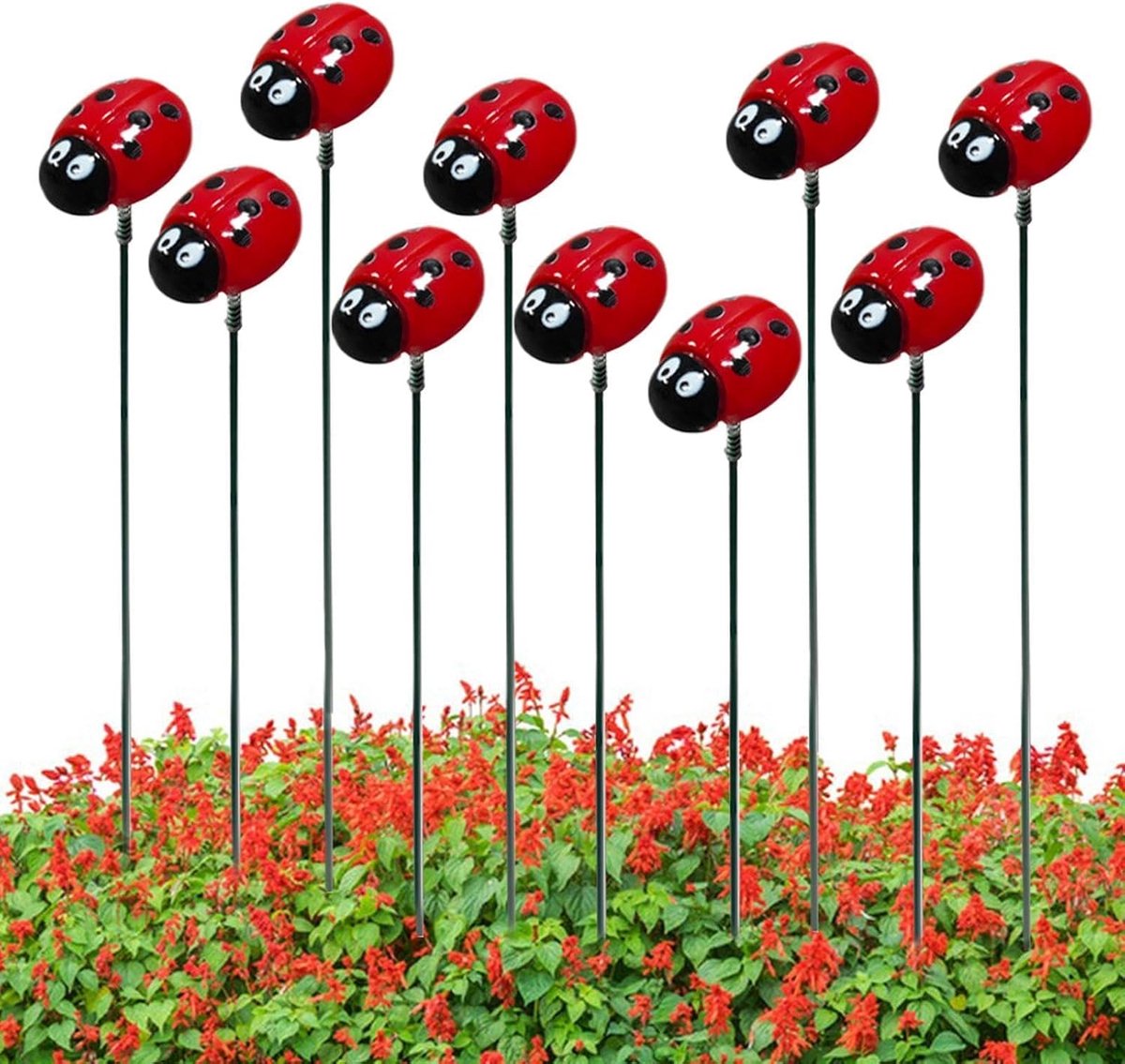 Tuindecoratie Lieveheersbeestjes - Decoratieve Pinnen - Tuin Verfraaien - Handgemaakt Metalen Ontwerp - 10 Stuks - Rood Zwart