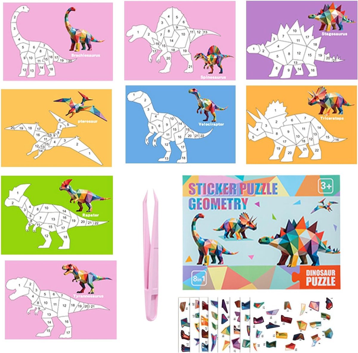 Stickerpuzzels - Nummer Puzzel - Creatief Spelen - Ontwikkelingsondersteuning - 190 gram - Dinosaurus