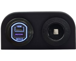 ProRide 12-24V USB/USB C Autolader 2 Poorten Opbouw - 100W QC3.0 - Sigarettenaansteker - Blauw