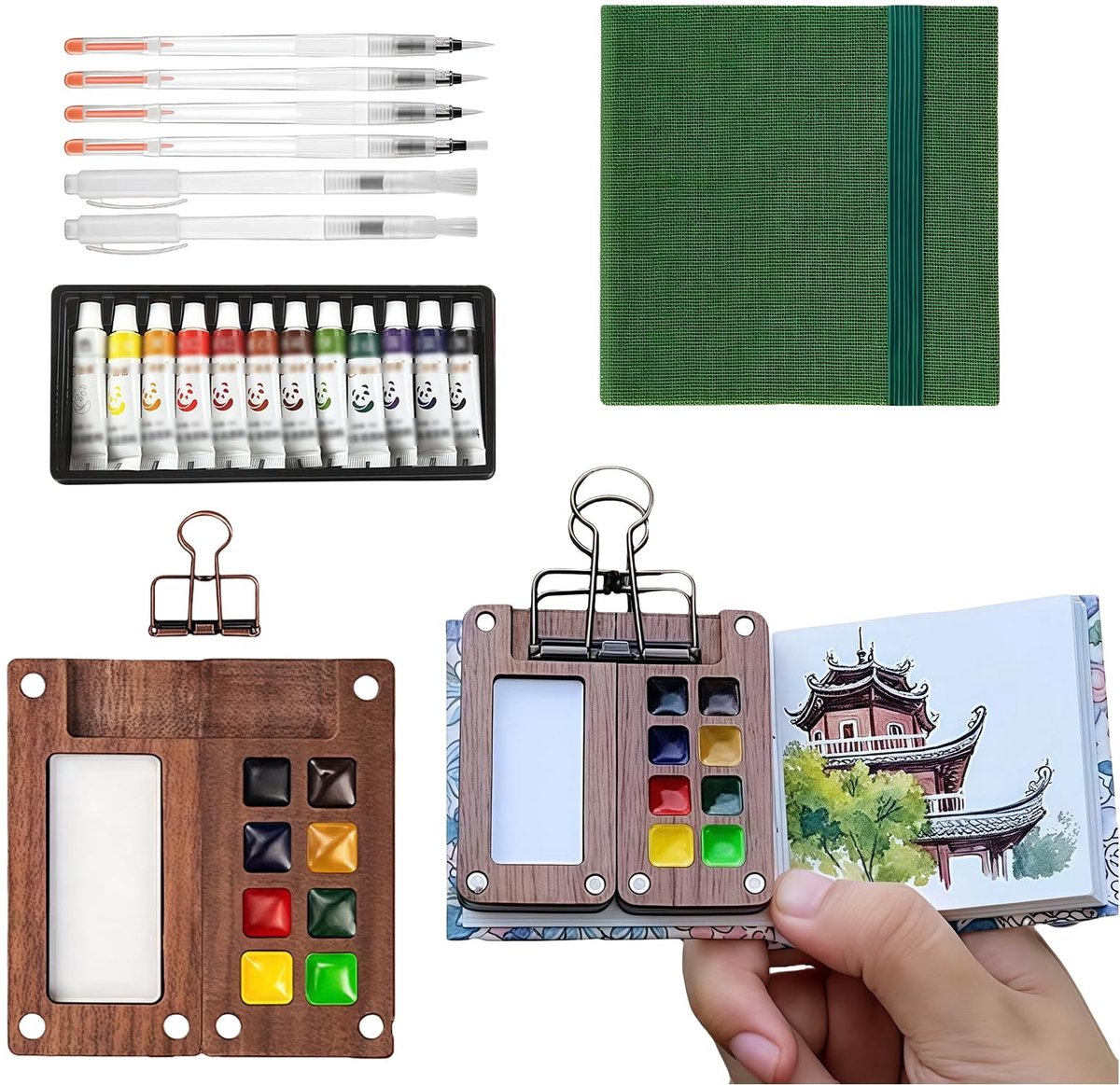 Dailygoods- Aquarelverf Set - Mini Aquarelset - Aquarelpalet - Aquarelpenselen - Schetsboek - Compleet voor Kunstliefhebbers