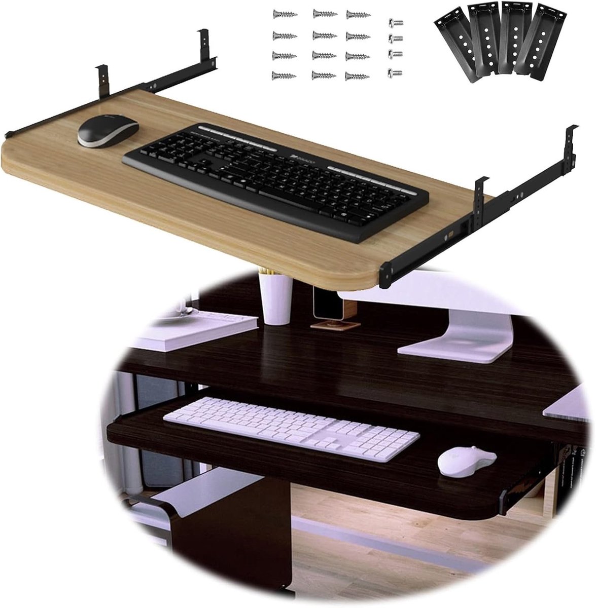 Houten Toetsenbord Lade - Onder Bureau Plank - Bureau Organisatie - Verstelbare Hoogte - 70x27cm - Zwart