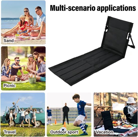 1-delige set - Strandmat met rugleuning - Strandstoel met rugleuning - Opvouwbare strandstoelmat - Draagbare strandstoel - Opvouwbare vloerstoel - Inclusief opbergtas - Geschikt voor strand, kamperen, enz. - 108*40.5cm - Zwart — afbeelding 5