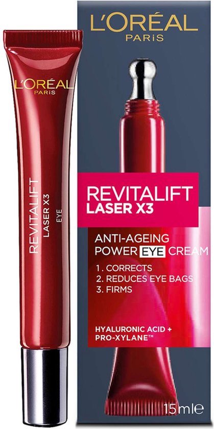 L'Oréal Revitalift Laser X3 oogcrème in een rode tube met zilveren dop. De verpakking toont 'Revitalift Laser X3 Anti-Ageing Power Eye Cream'.