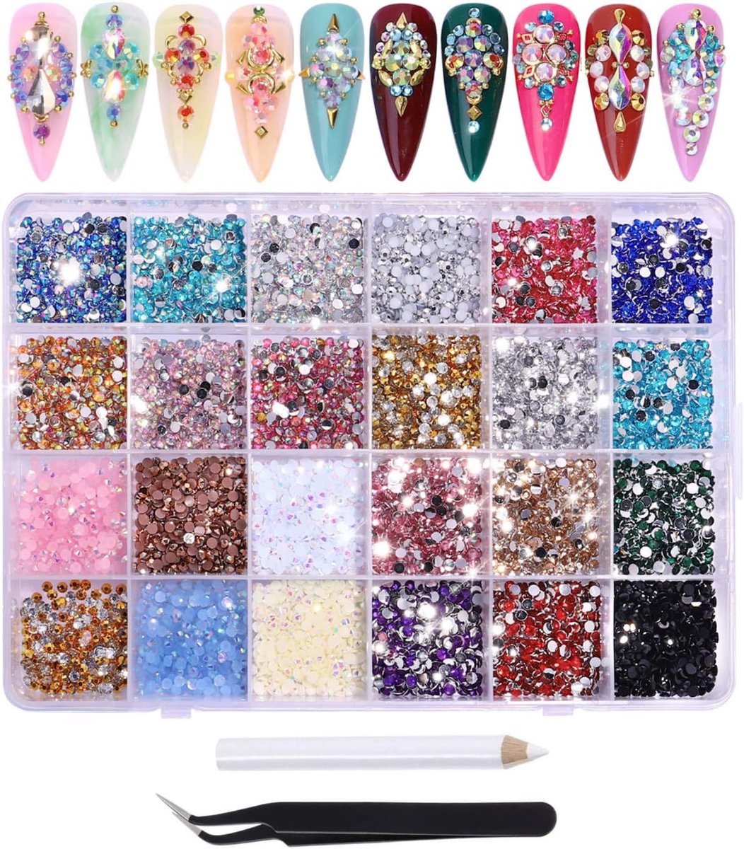 Strassteentjes voor nagels, 3500 stuks, glitterstenen, 24 kleuren, ronde platte nageledelstenen, 3-4 mm, platte AB kunsthars, strass-steentjes met pincet en wasstift voor nageldesign, handwerk