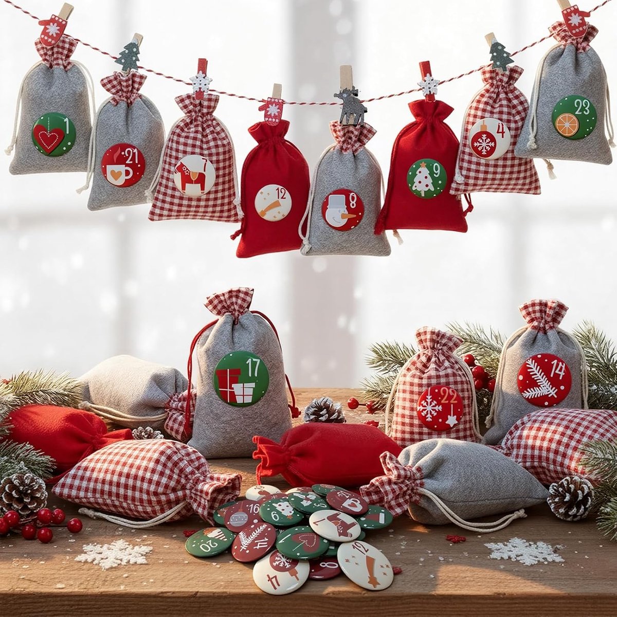 Adventskalender om te vullen stof, 24 adventskalenderzakjes in 2 maten, kerstkalender om te vullen, voor kinderen, adventskalender herbruikbaar en zelf – vulbaar voor 2025 – XXL