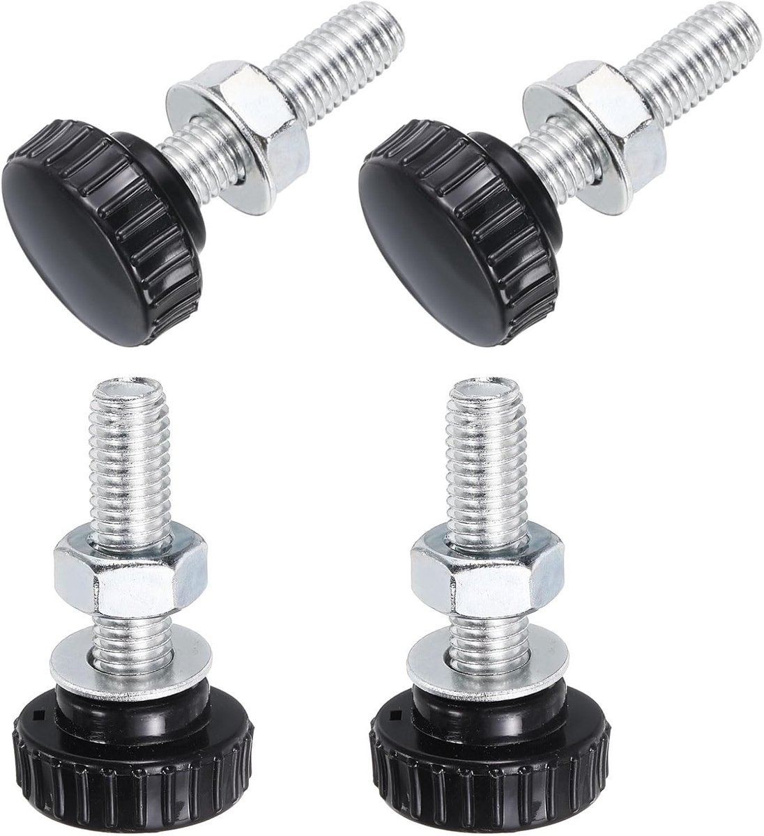 Set van 4 gekartelde knoppen, duimschroeven met moeren, sluitringen, M10 x 40 mm schroefdraad, 30 mm, kunststof kop, verzinkt koolstofstaal, klemschroeven, handgrepen, zwart