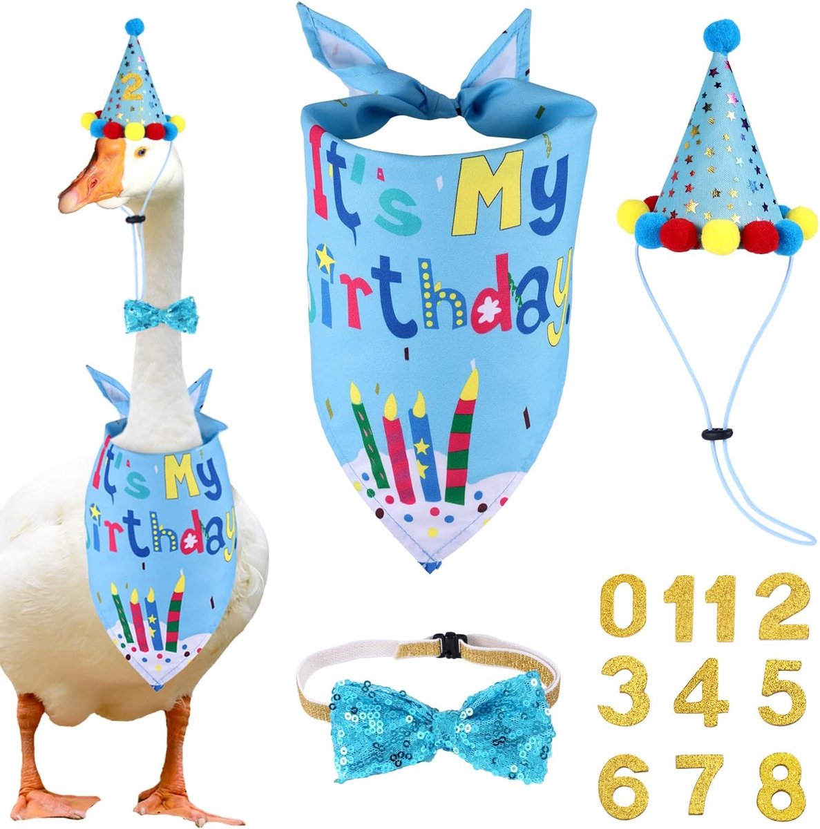 Happy Birthday Porch Goose Outfits, Goose Kostuum Kleding Verjaardagsbandana Hoed & Strik & 0-8 Nummerstickers voor Yard Lawn Cement Plastic Ganzen Eenden Decoraties (Blauw)
